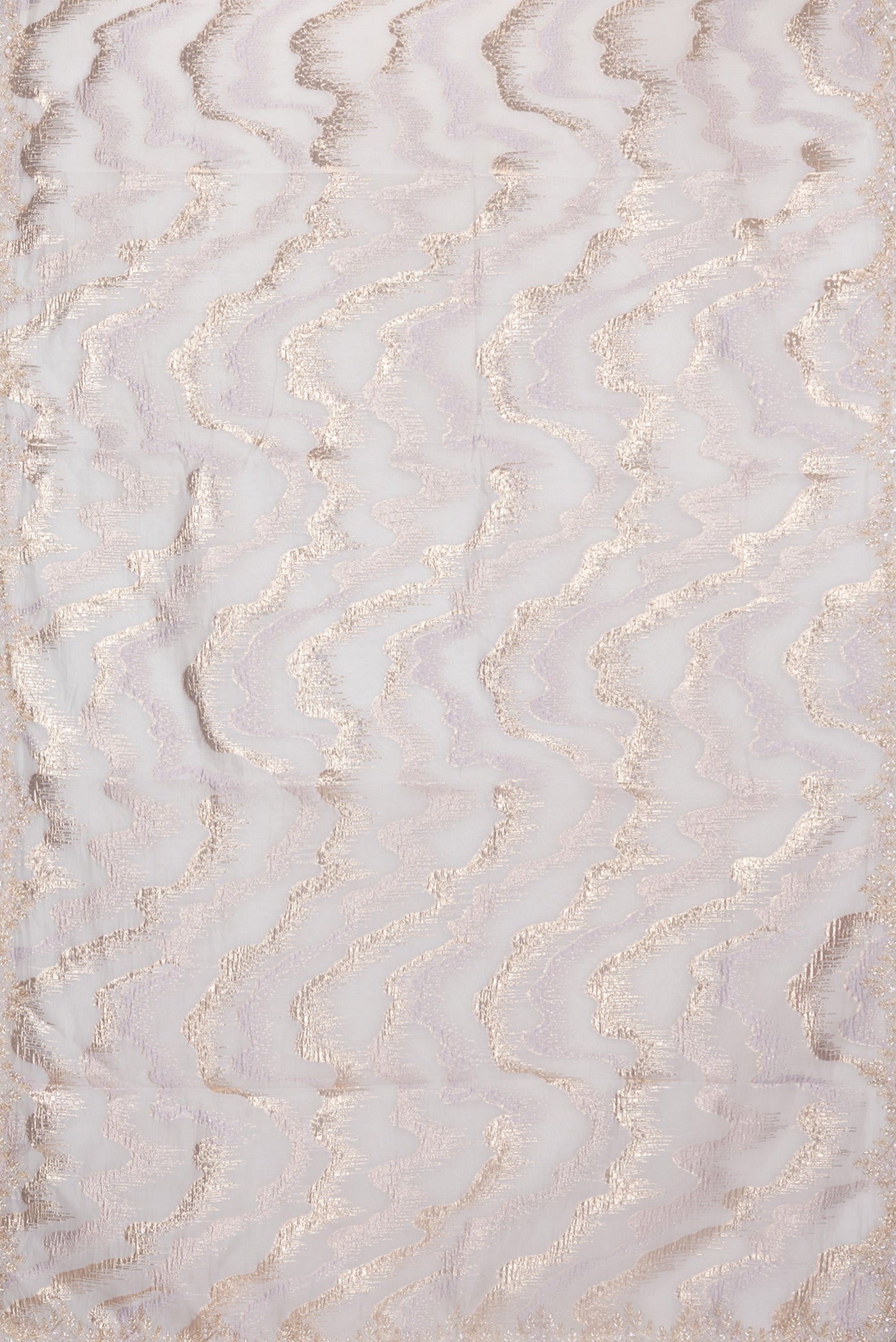 Flat view of Pure Silk Lavender Organza Saree with Embroidery on the body and Embroidery Border. 