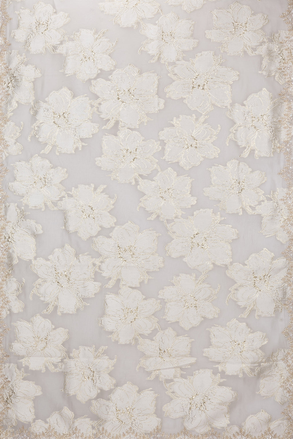 Flat view of Off White Organza Silk Saree with Zari Brocade on the body and Embroidery Border. 