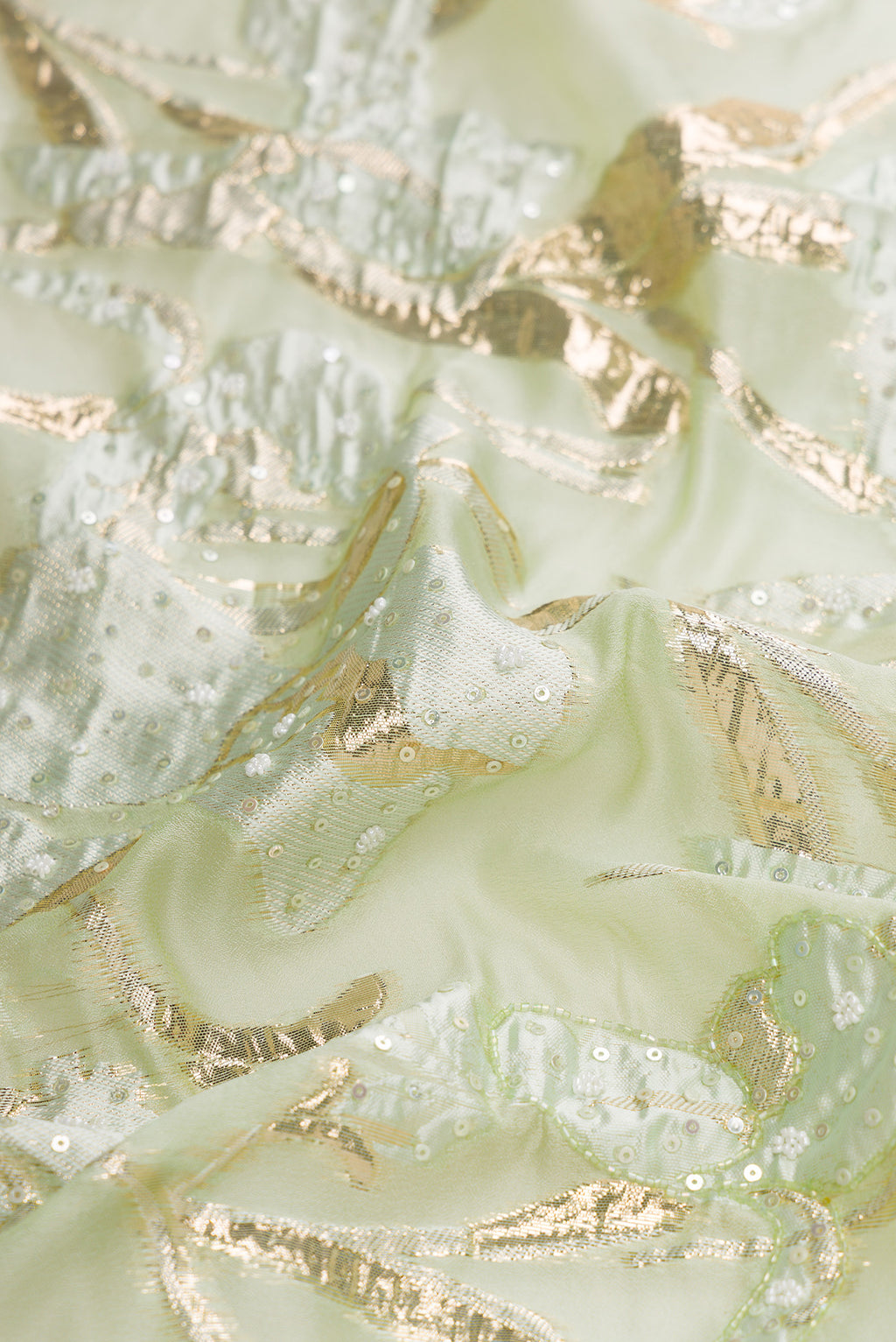 Close up of Pista Green Dual Tone Organza Silk Saree with Embroidery on the body and Embroidery Border.  displaying folds