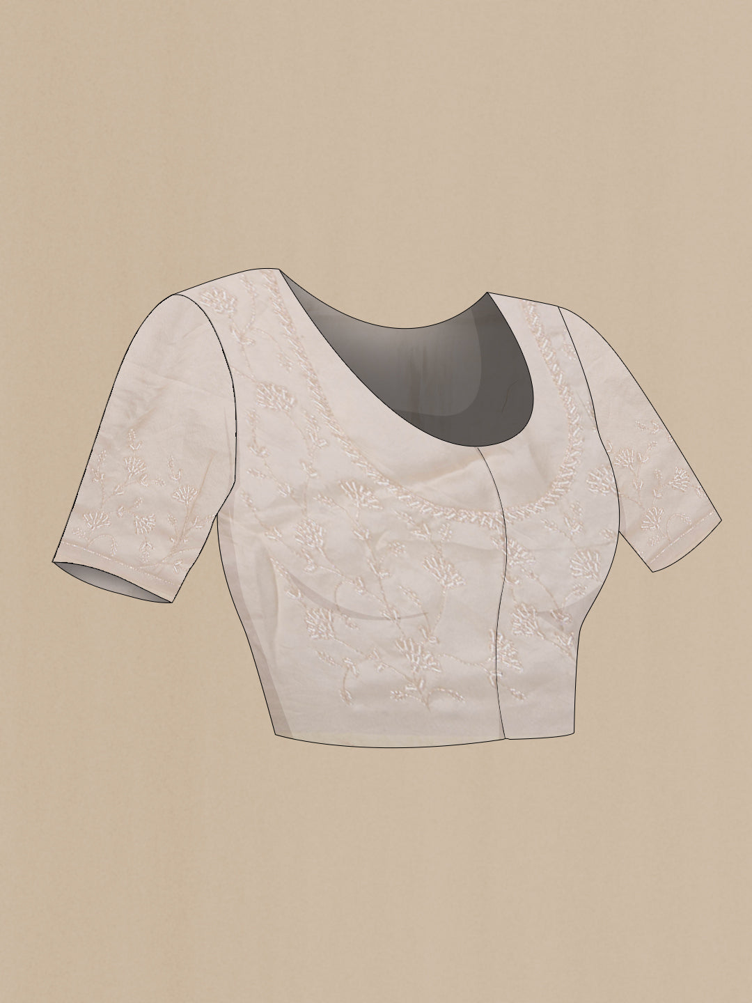 Close up image of the blouse of Pure Silk Beige Organza Saree with Embroidery on the body and Embroidery Border. 