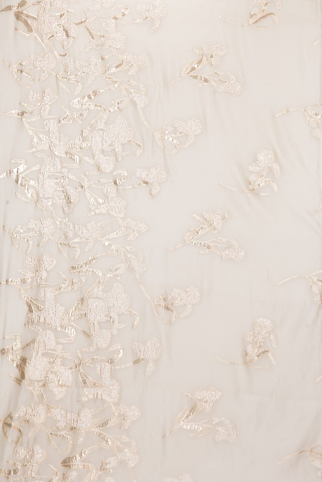 Flat view of Pure Silk Beige Organza Saree with Embroidery on the body and Embroidery Border. 