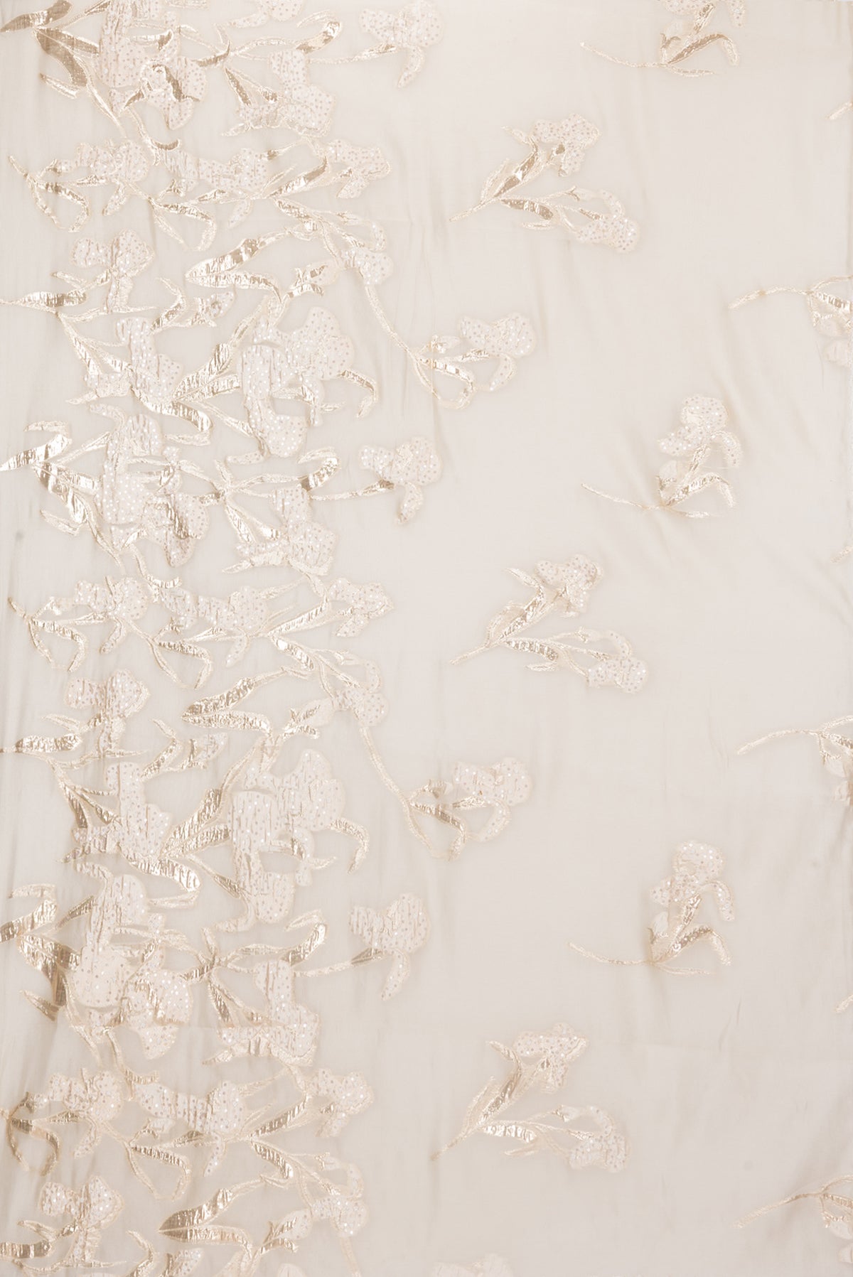 Flat view of Pure Silk Beige Organza Saree with Embroidery on the body and Embroidery Border. 