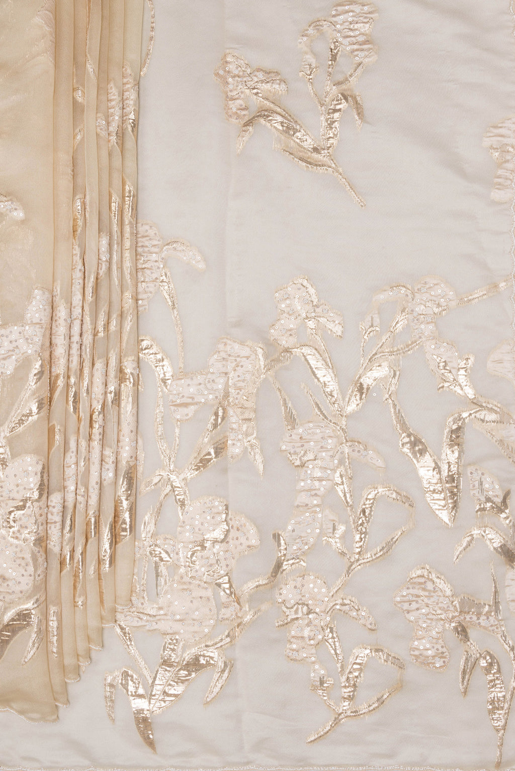 Pleats and pallu of Pure Silk Beige Organza Saree with Embroidery on the body and Embroidery Border. 