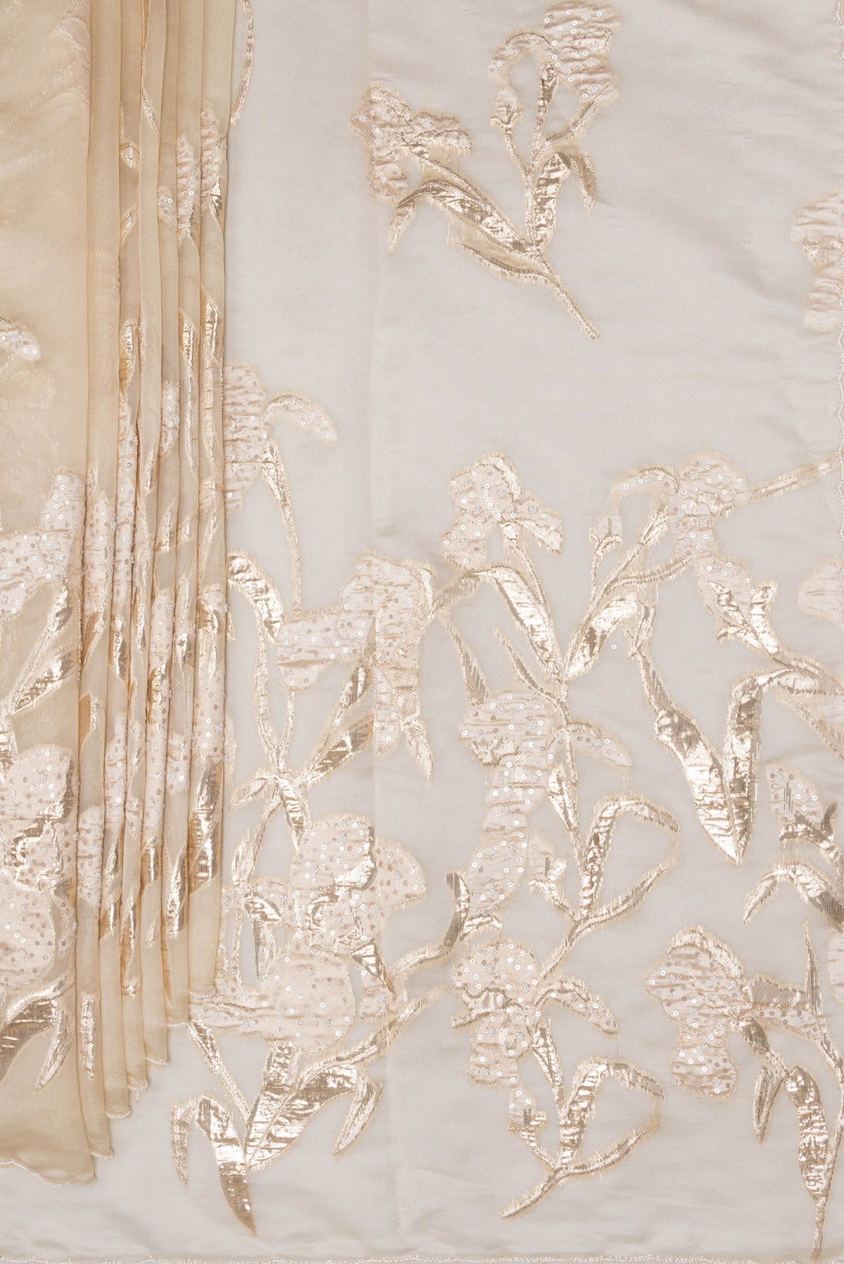 Pleats and pallu of Pure Silk Beige Organza Saree with Embroidery on the body and Embroidery Border. 