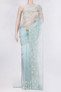 Pure Silk Light Blue Organza Saree with Embroidery on the body and Embroidery Border.  displayed on a mannequin