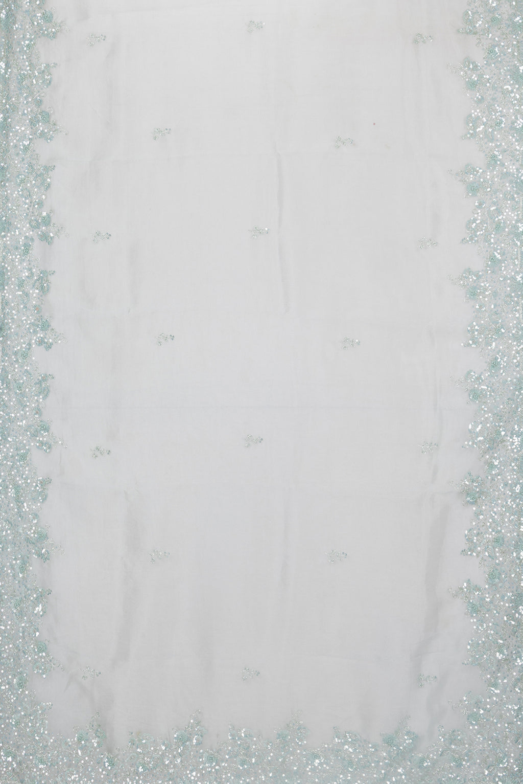 Flat view of Pure Silk Light Blue Organza Saree with Embroidery on the body and Embroidery Border. 