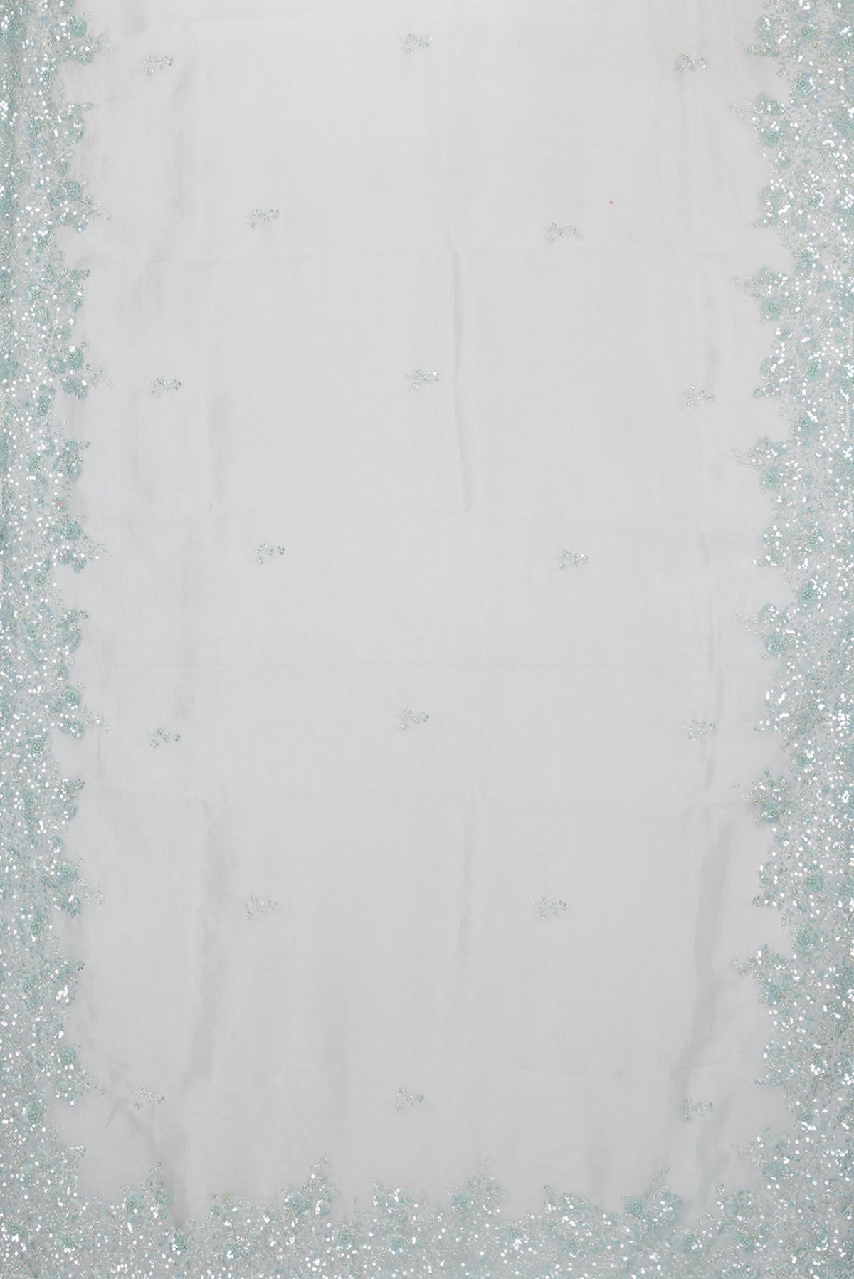 Flat view of Pure Silk Light Blue Organza Saree with Embroidery on the body and Embroidery Border. 
