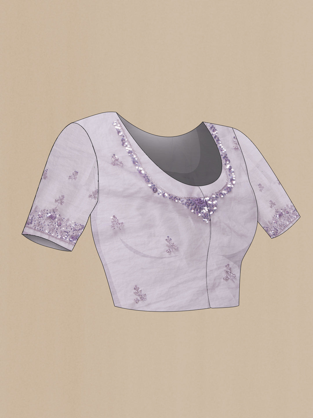 Close up image of the blouse of Lavender Dual Tone Organza Silk Saree with Embroidery on the body and Embroidery Border. 