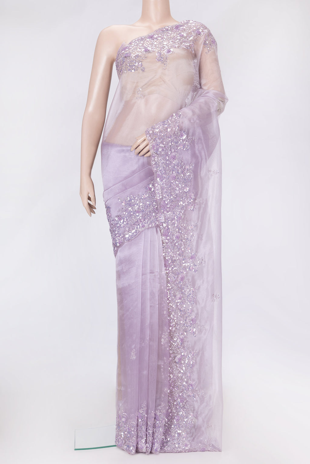 Lavender Dual Tone Organza Silk Saree with Embroidery on the body and Embroidery Border.  displayed on a mannequin