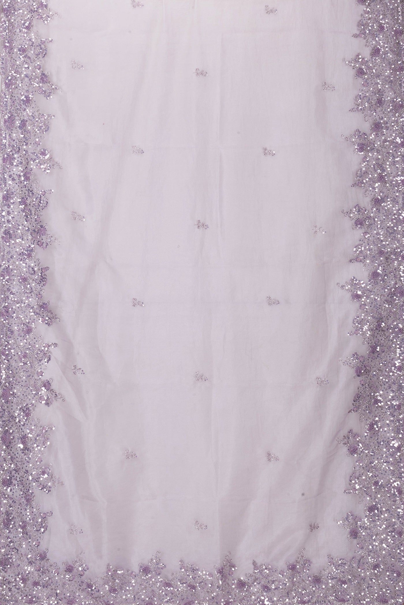 Flat view of Lavender Dual Tone Organza Silk Saree with Embroidery on the body and Embroidery Border. 