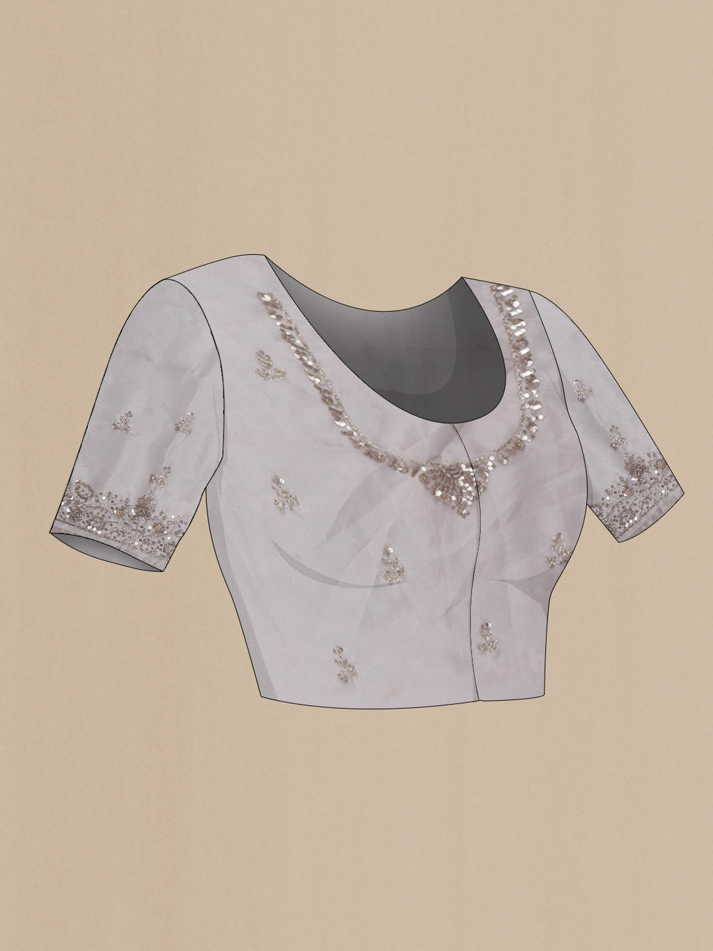 Close up image of the blouse of Lilac Dual Tone Organza Saree with Embroidery on the body and Embroidery Border. 