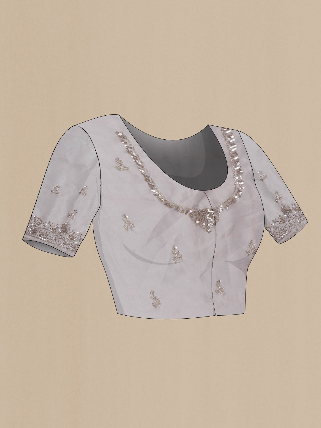 Close up image of the blouse of Lilac Dual Tone Organza Saree with Embroidery on the body and Embroidery Border. 
