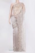 Lilac Dual Tone Organza Saree with Embroidery on the body and Embroidery Border.  displayed on a mannequin