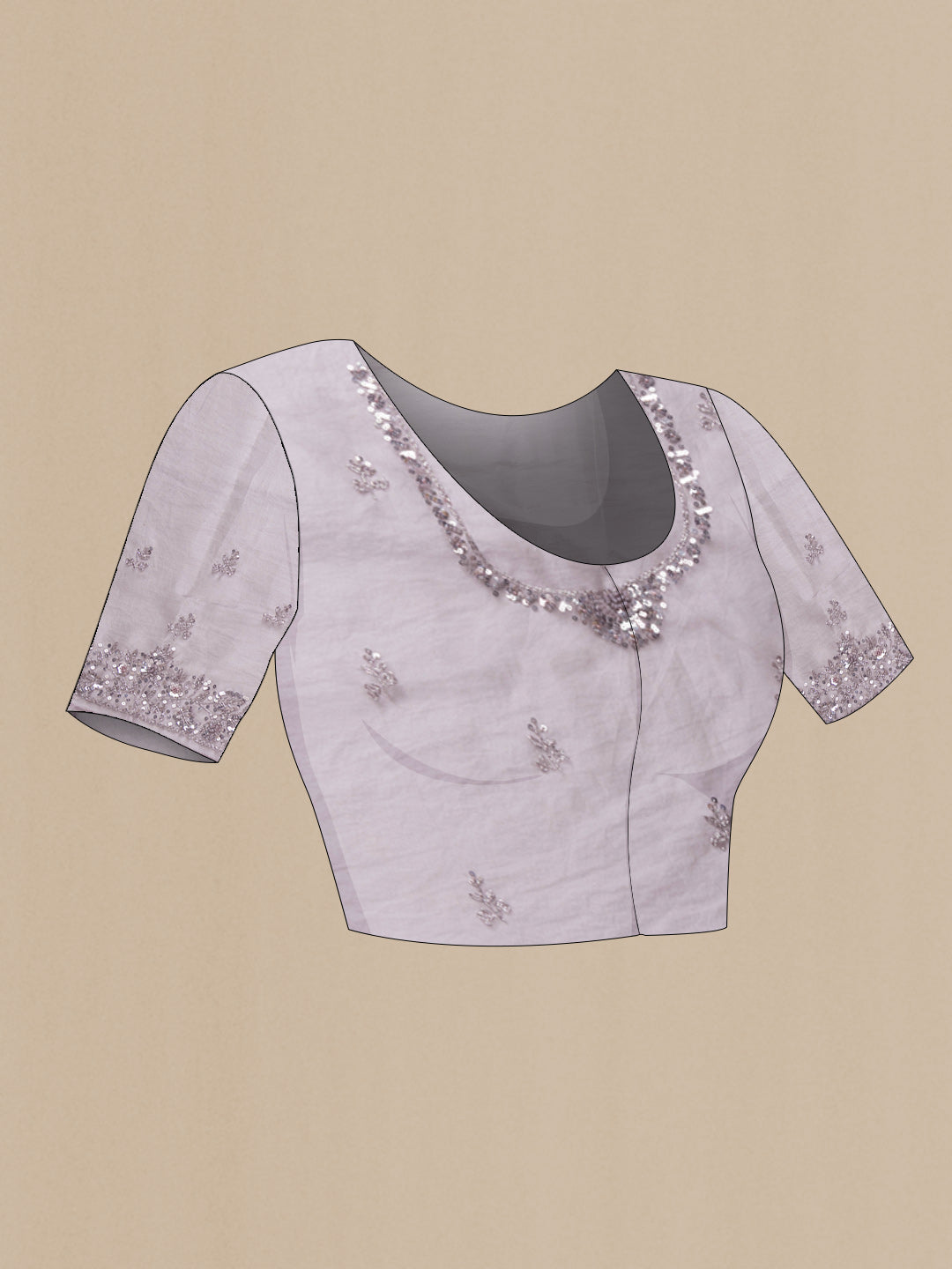 Close up image of the blouse of Lilac Dual Tone Organza Silk Saree with Embroidery on the body and Embroidery Border. 