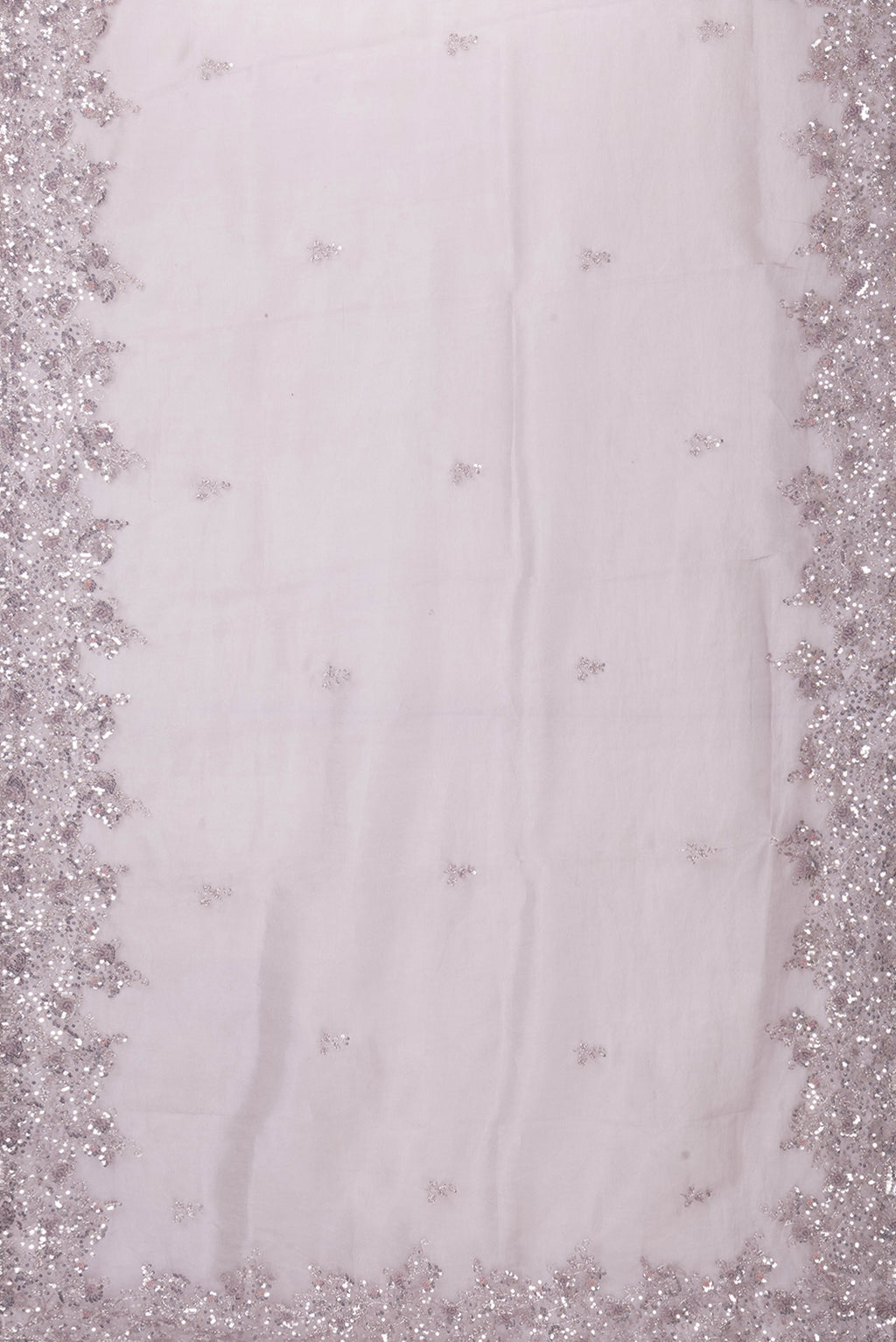 Flat view of Lilac Dual Tone Organza Silk Saree with Embroidery on the body and Embroidery Border. 