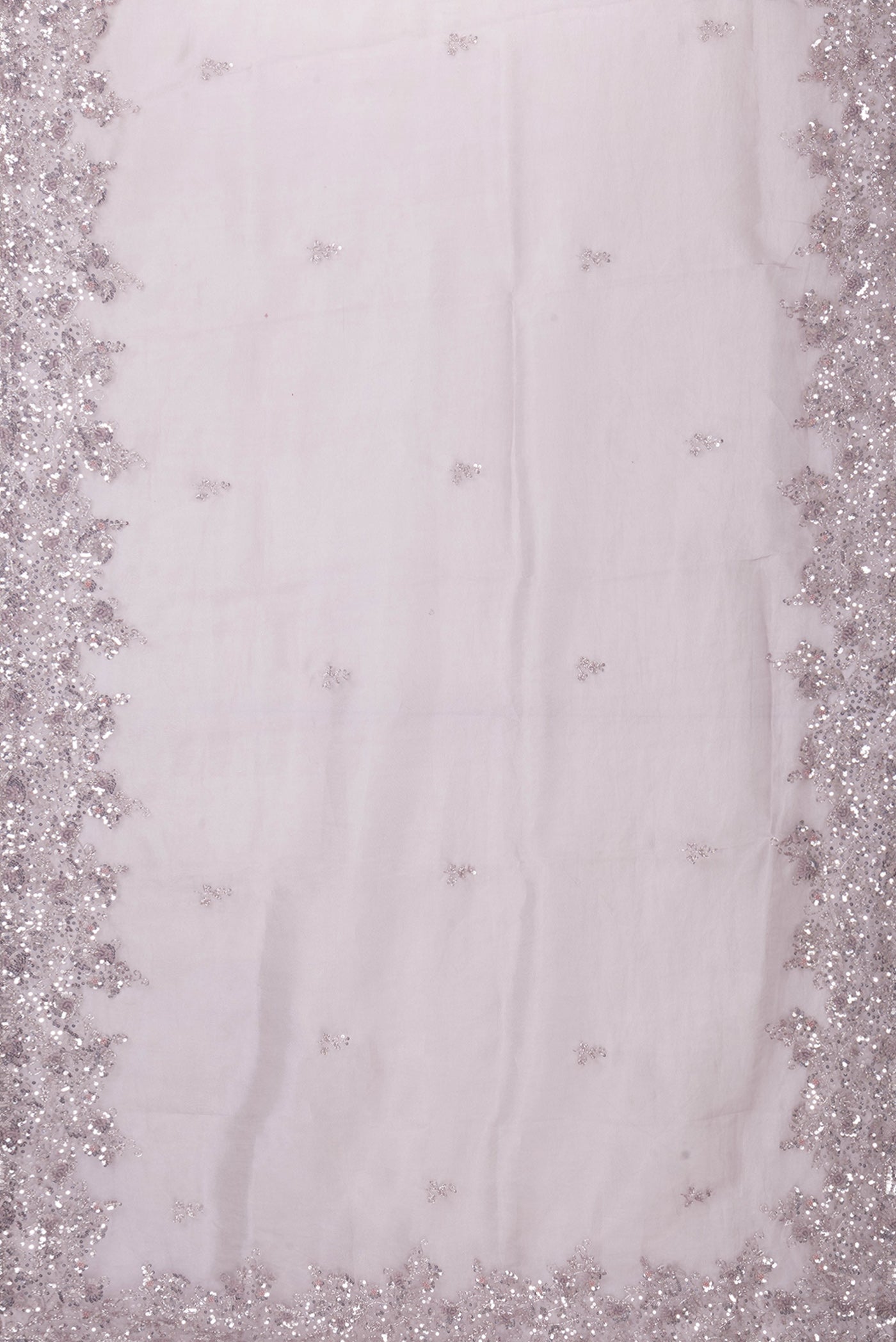 Flat view of Lilac Dual Tone Organza Silk Saree with Embroidery on the body and Embroidery Border. 