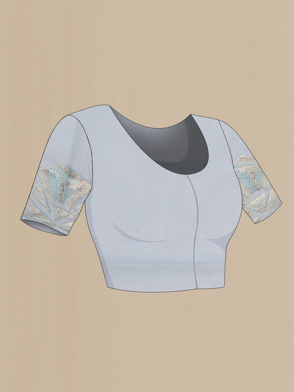 Close up image of the blouse of Light Blue Organza Silk Saree with Fancy on the body and Embroidery Border. 