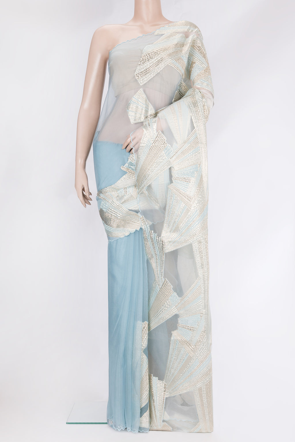 Light Blue Organza Silk Saree with Fancy on the body and Embroidery Border.  displayed on a mannequin