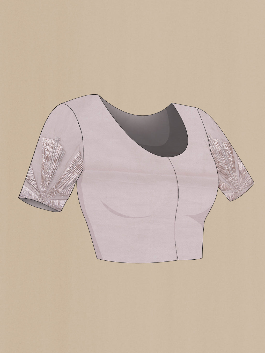 Close up image of the blouse of Rose Gold Organza Silk Saree with Zari Brocade on the body and Embroidery Border. 