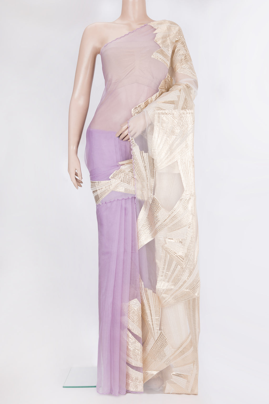 Lavender Organza Silk Saree with Zari Brocade on the body and Embroidery Border.  displayed on a mannequin