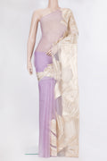 Lavender Organza Silk Saree with Zari Brocade on the body and Embroidery Border.  displayed on a mannequin