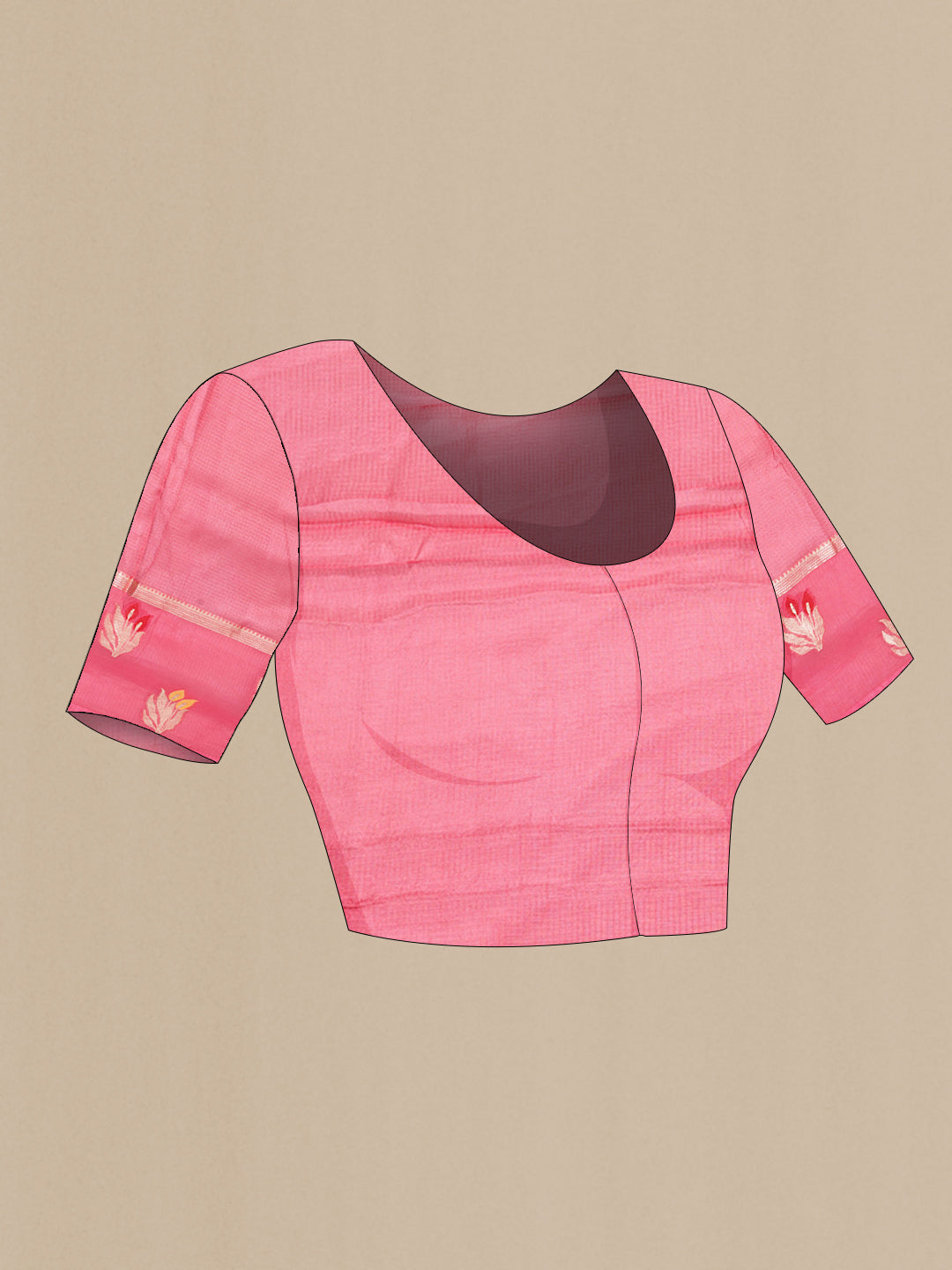 Close up image of the blouse of Red Kota Silk Saree with Zari Butta on the body and Fancy Border. 