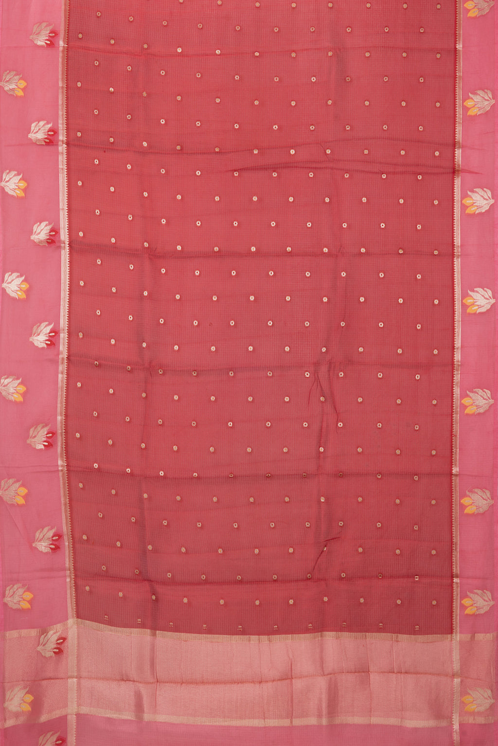 Flat view of Red Kota Silk Saree with Zari Butta on the body and Fancy Border. 