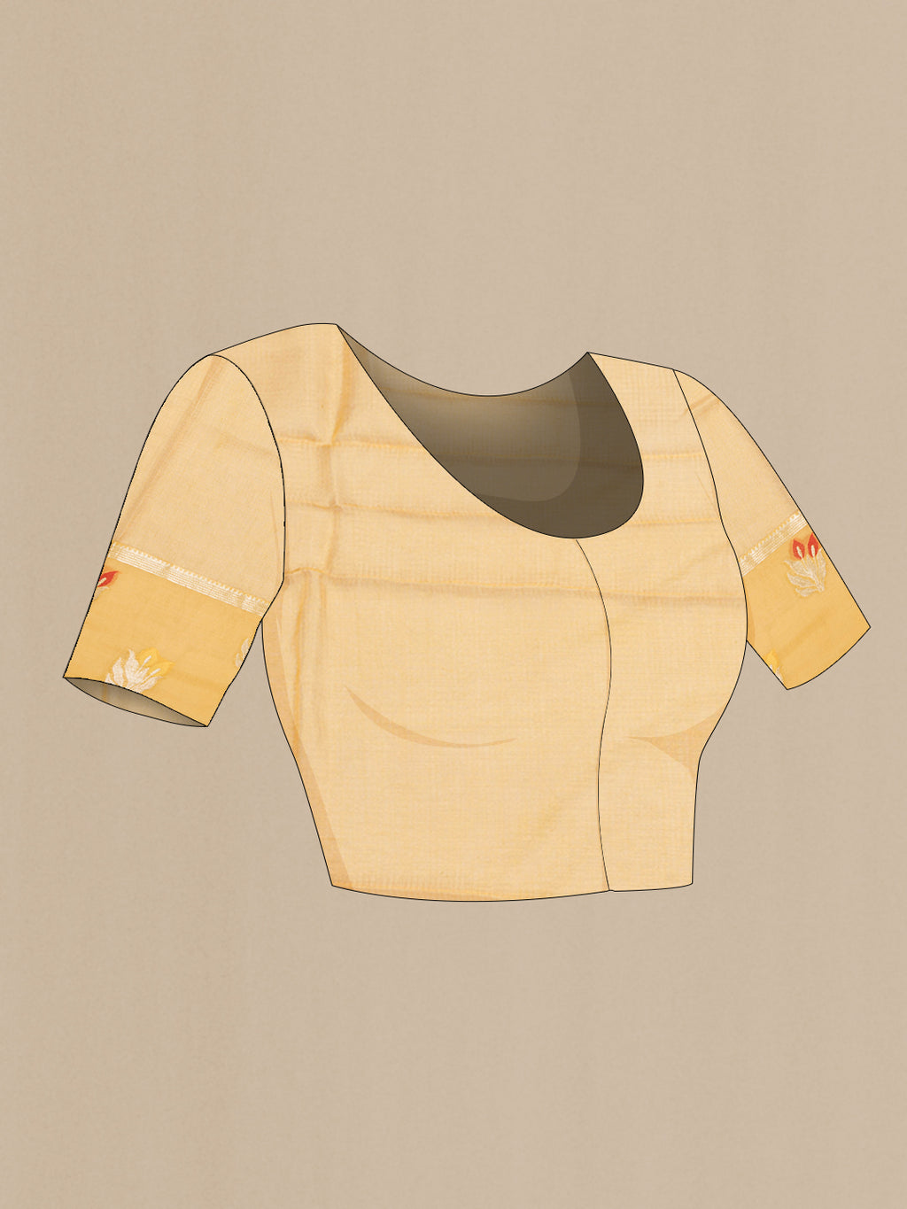 Close up image of the blouse of Yellow Kota Silk Saree with Zari Butta on the body and Zari Border. 
