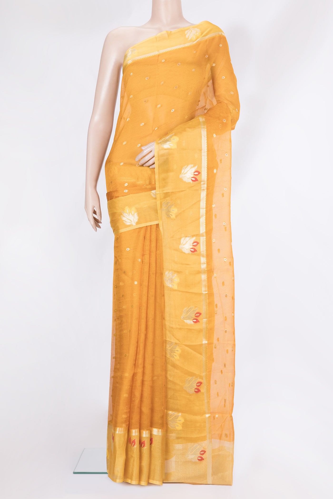 Yellow Kota Silk Saree with Zari Butta on the body and Zari Border.  displayed on a mannequin
