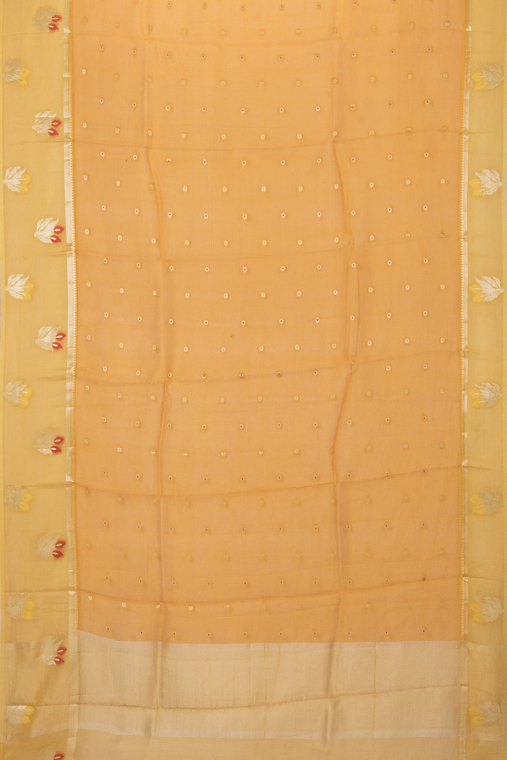 Flat view of Yellow Kota Silk Saree with Zari Butta on the body and Zari Border. 