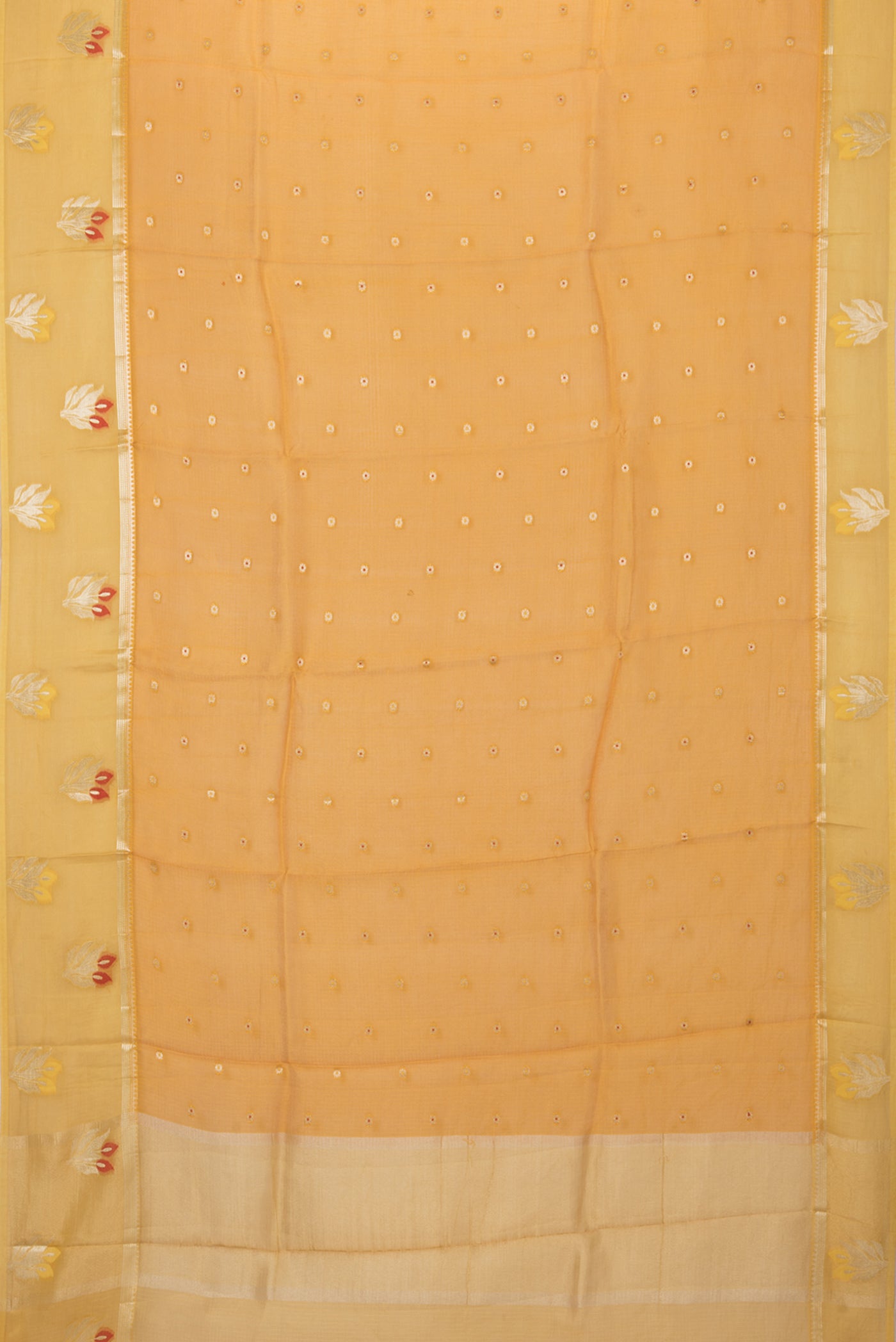 Flat view of Yellow Kota Silk Saree with Zari Butta on the body and Zari Border. 