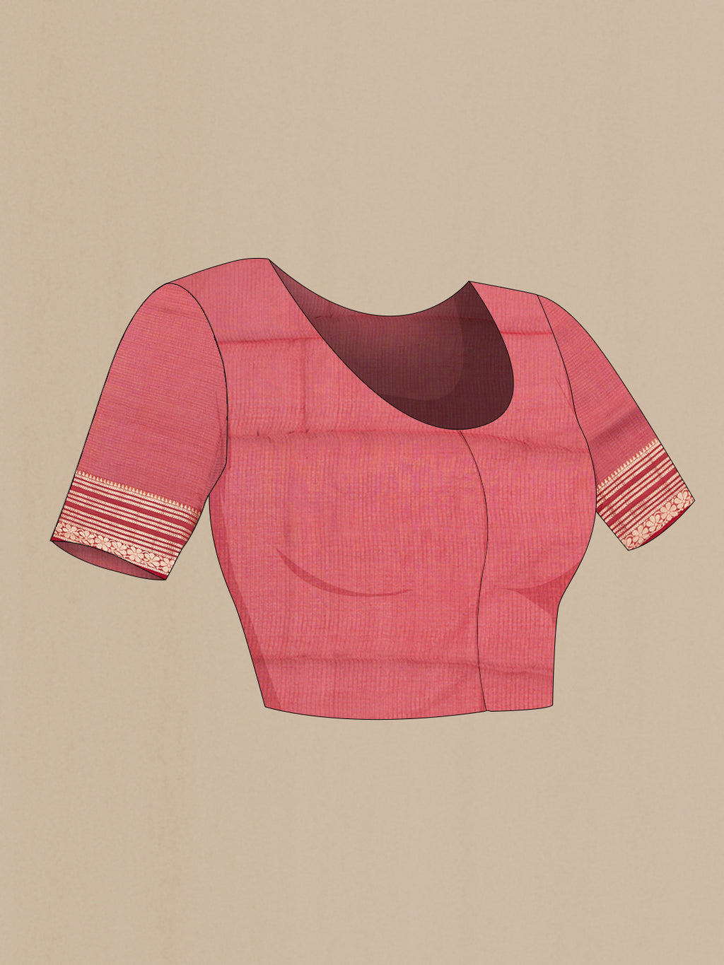 Close up image of the blouse of Red Kota Silk Saree with Zari Butta on the body and Zari Border. 