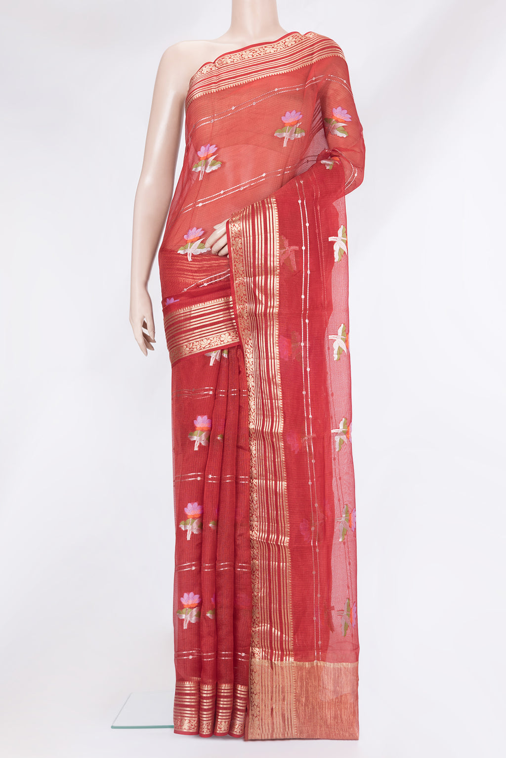 Red Kota Silk Saree with Zari Butta on the body and Zari Border.  displayed on a mannequin
