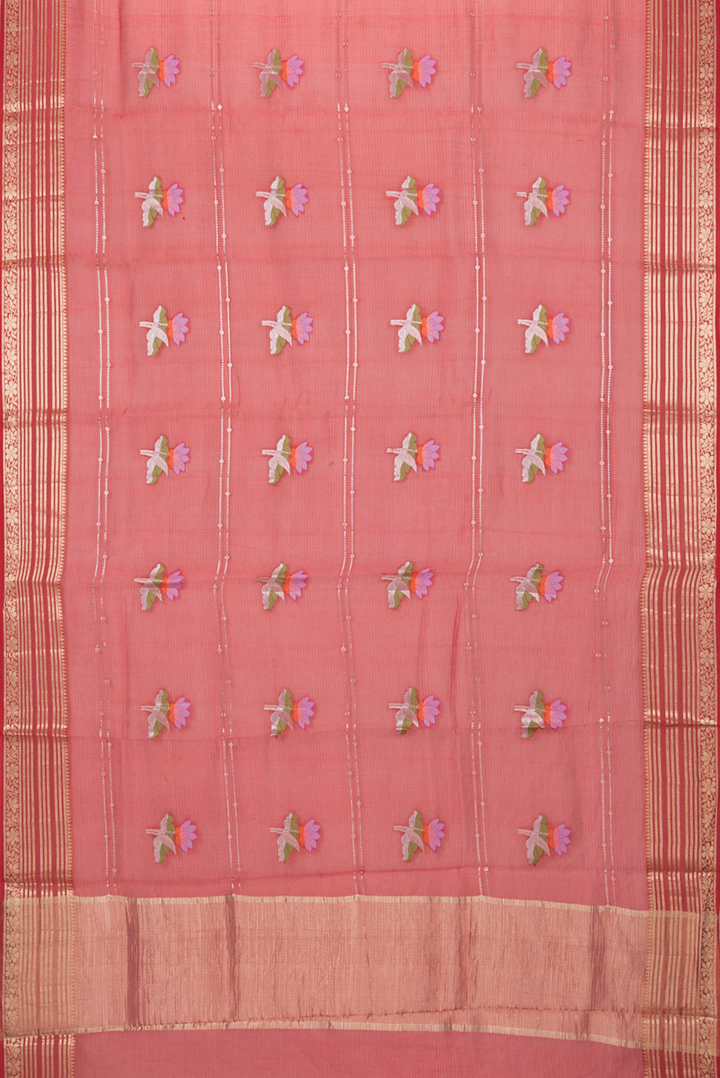 Flat view of Red Kota Silk Saree with Zari Butta on the body and Zari Border. 