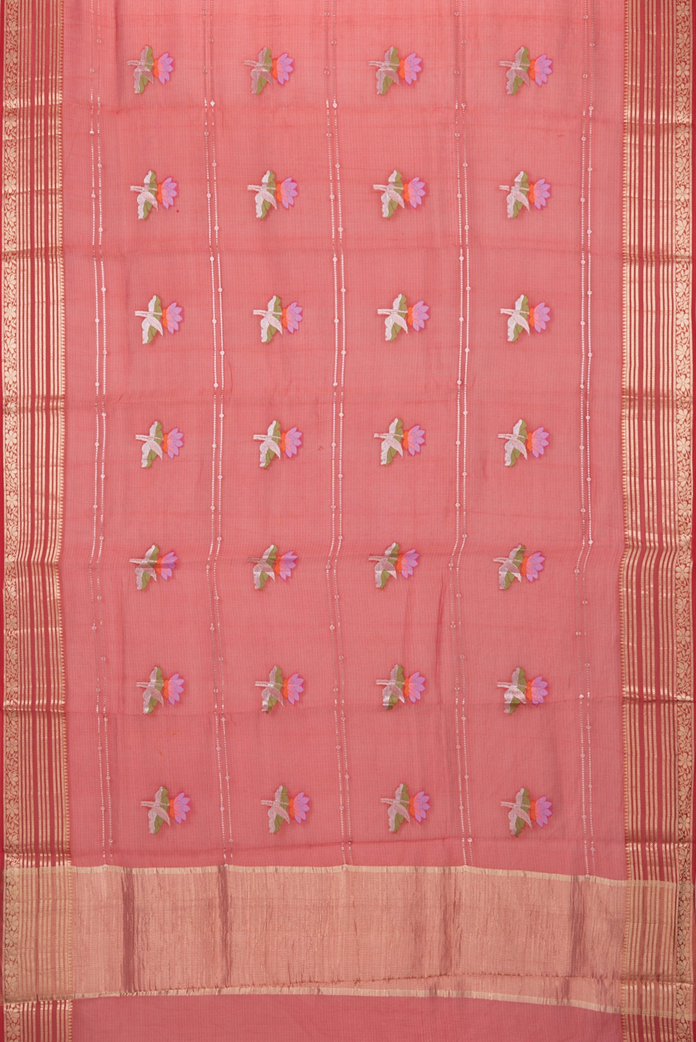 Flat view of Red Kota Silk Saree with Zari Butta on the body and Zari Border. 