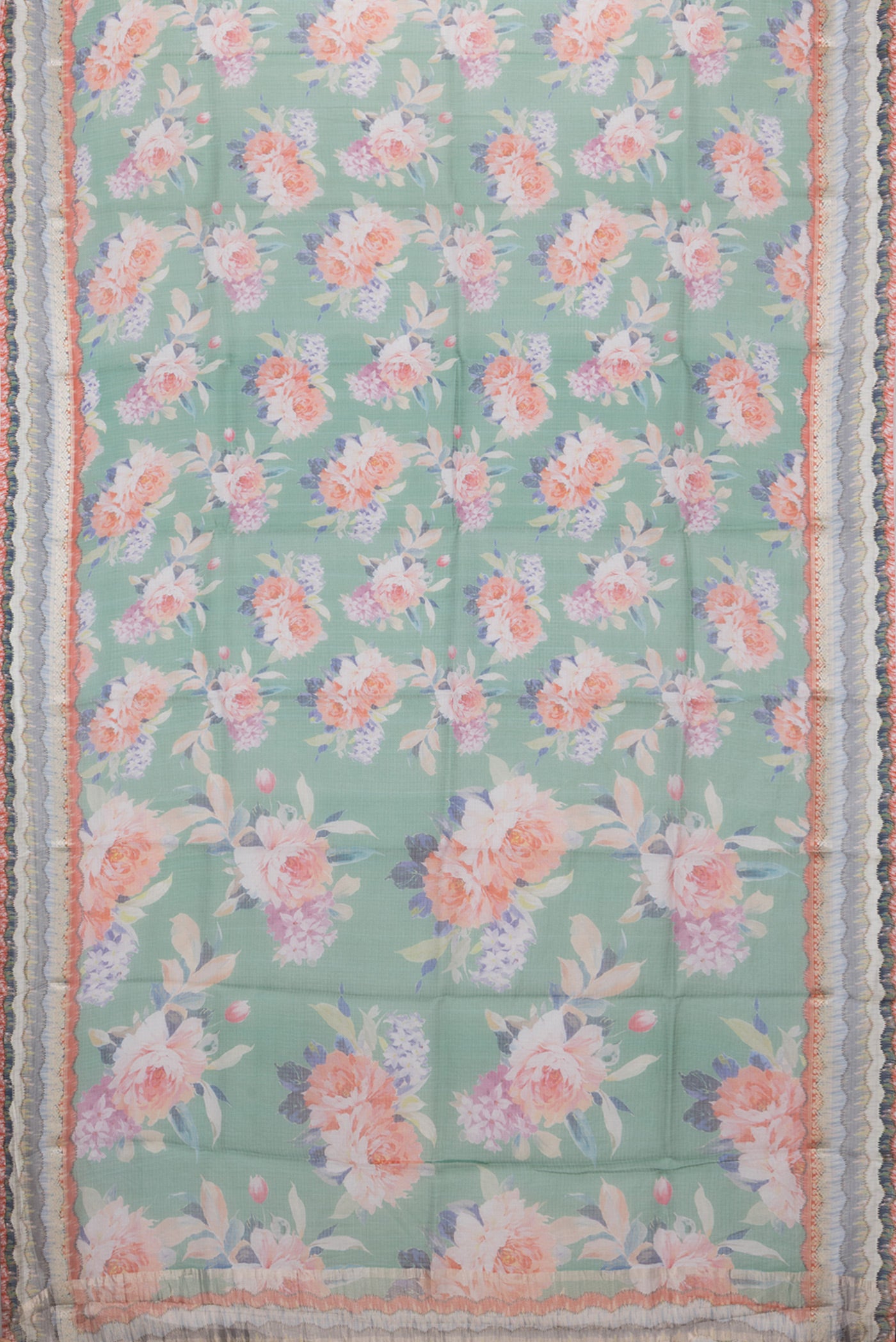 Flat view of Green Kota Silk Saree with Printed design on the body and Fancy Border. 