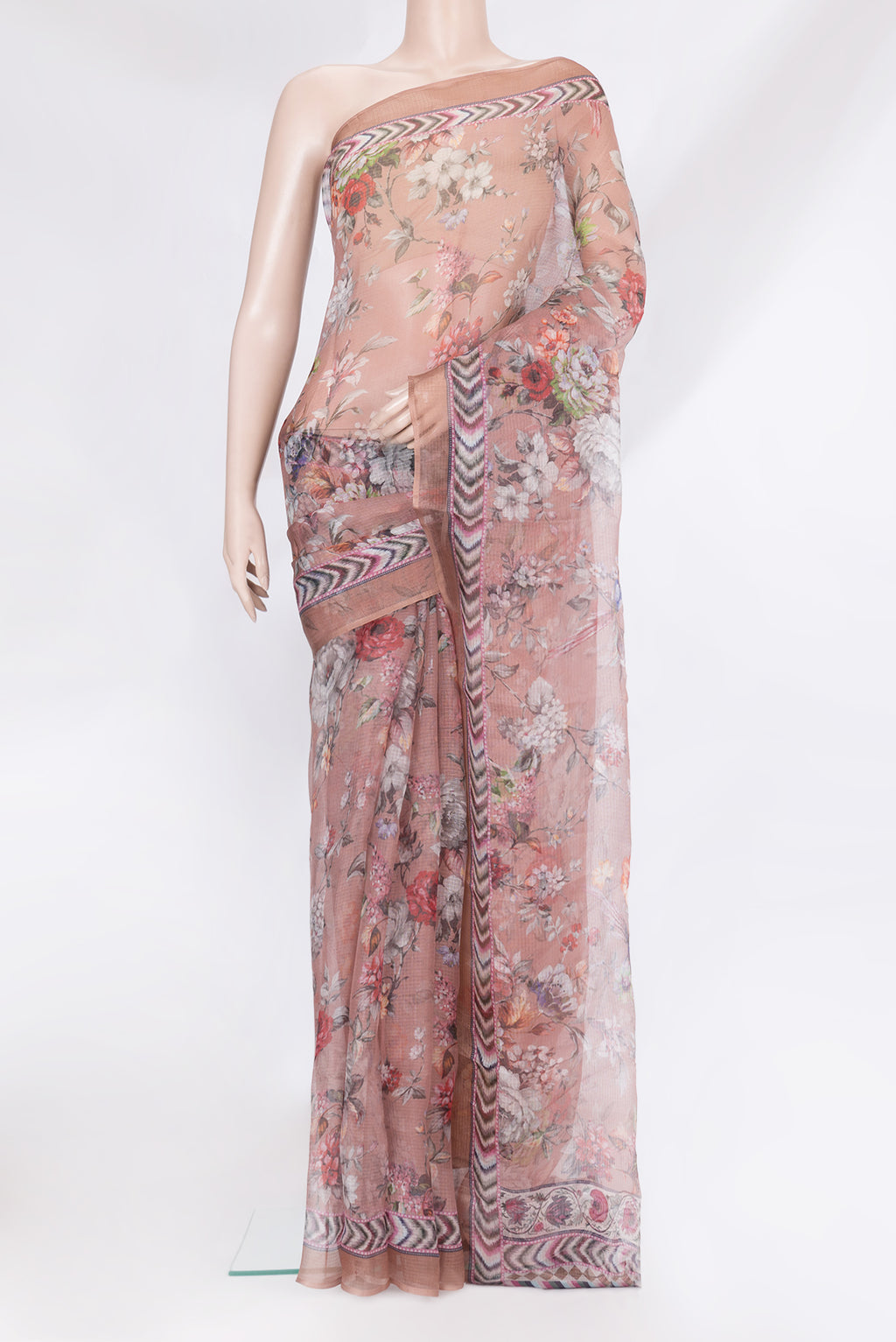 Coffee Brown Kota Silk Saree with Printed design on the body and Printed Border.  displayed on a mannequin