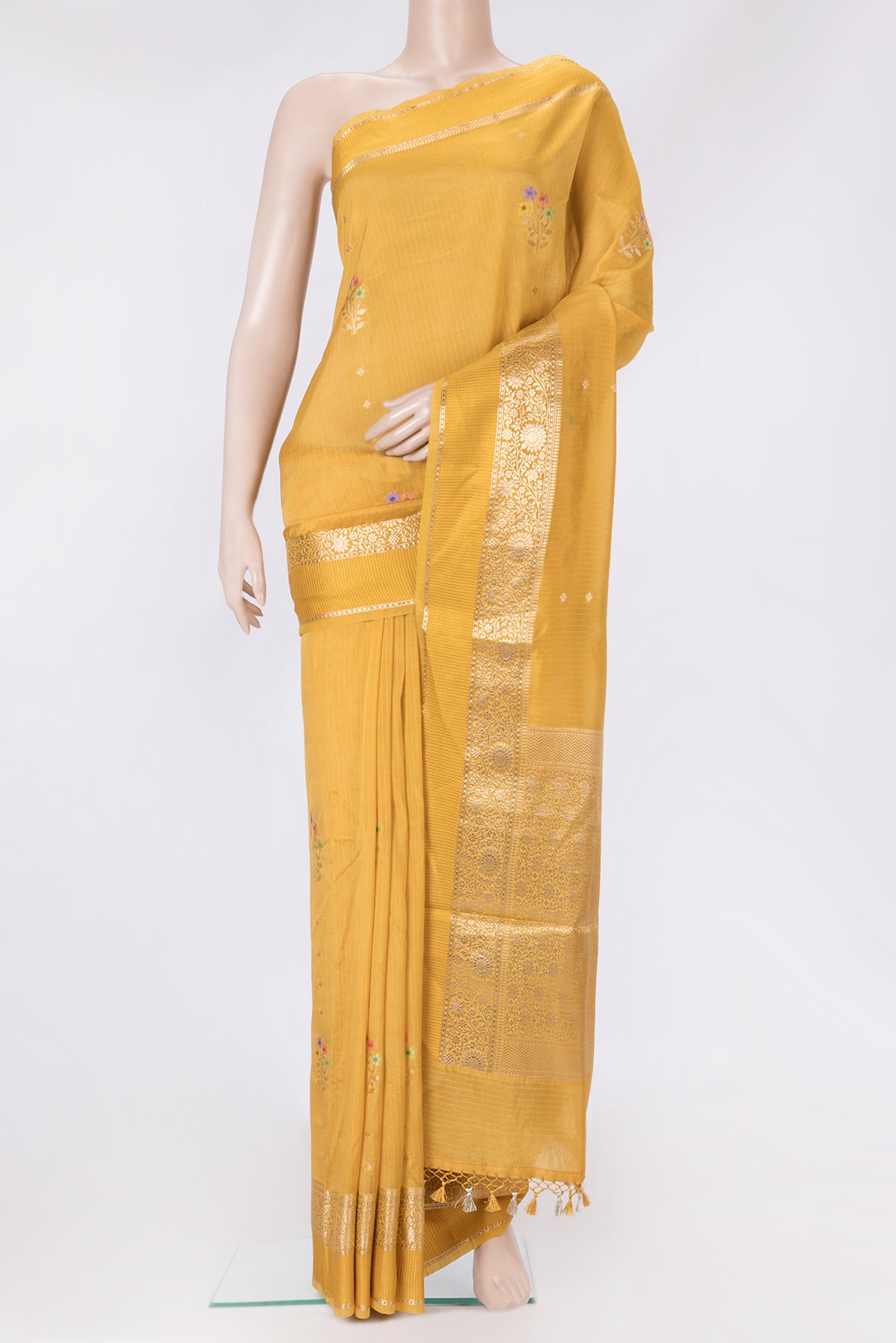Mustard Dual Tone Tussar Silk Saree with Zari Butta on the body and Zari And Thread Border.  displayed on a mannequin