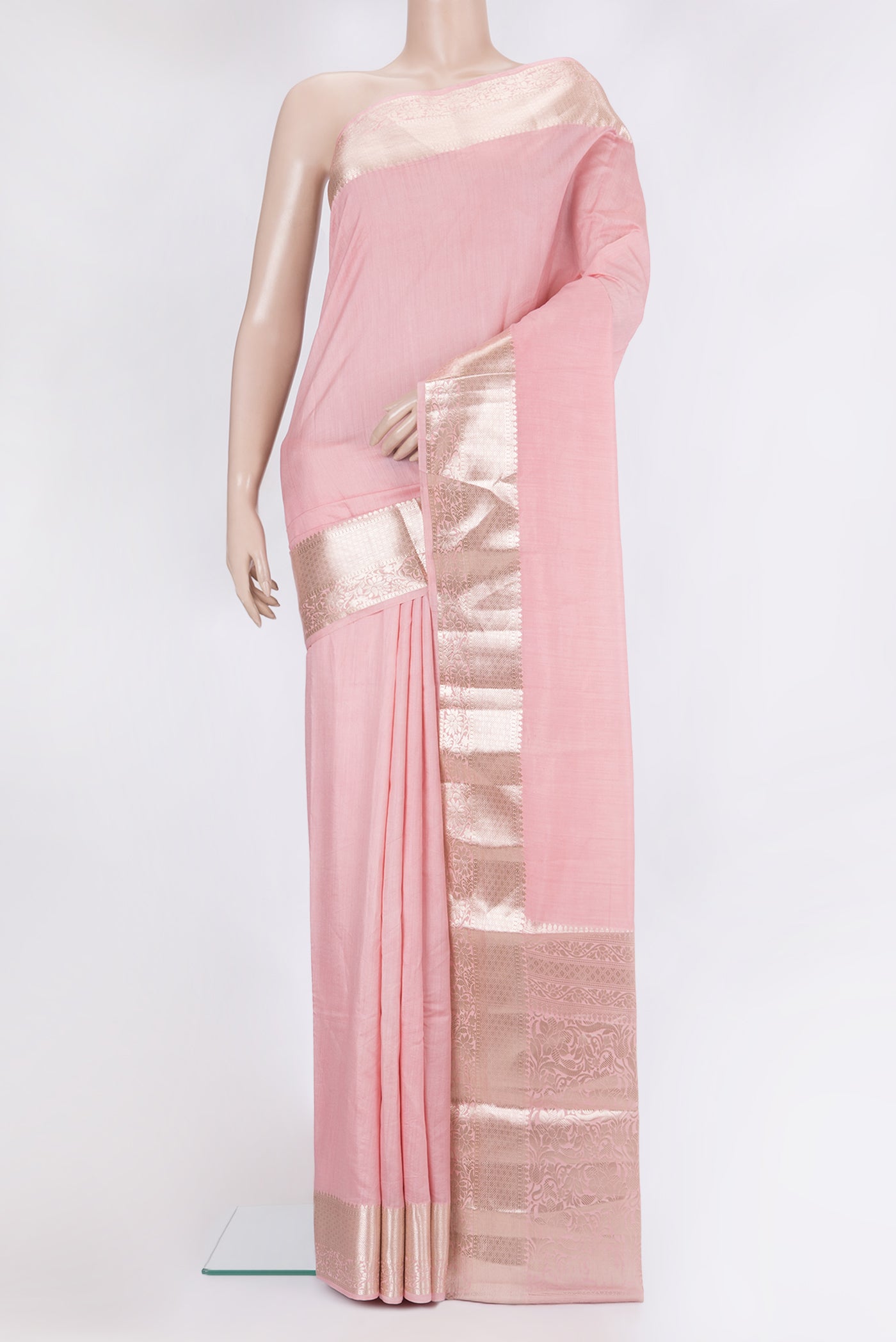 Rose pink Dual Tone Tussar Silk Saree with Plain Body and Zari Border.  displayed on a mannequin