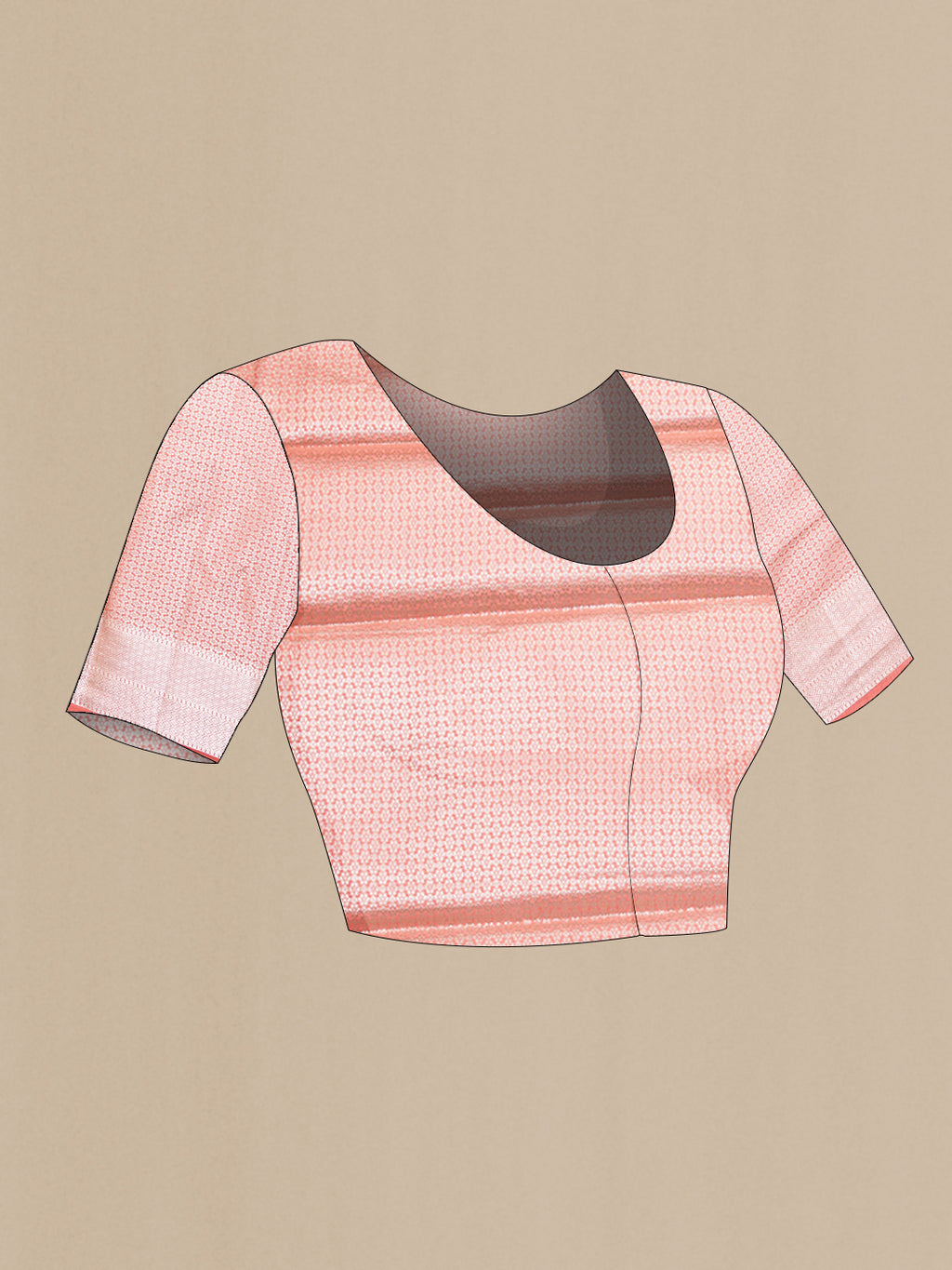 Close up image of the blouse of Peach Tussar Silk Saree with Plain Body and Fancy Border. 