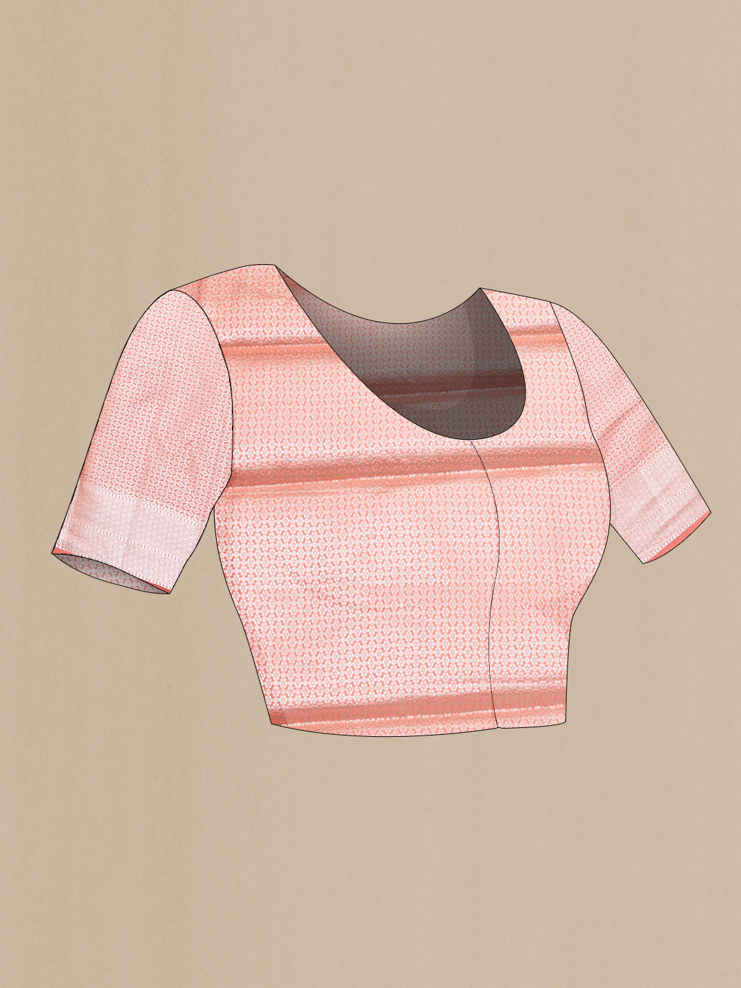 Close up image of the blouse of Peach Tussar Silk Saree with Plain Body and Fancy Border. 