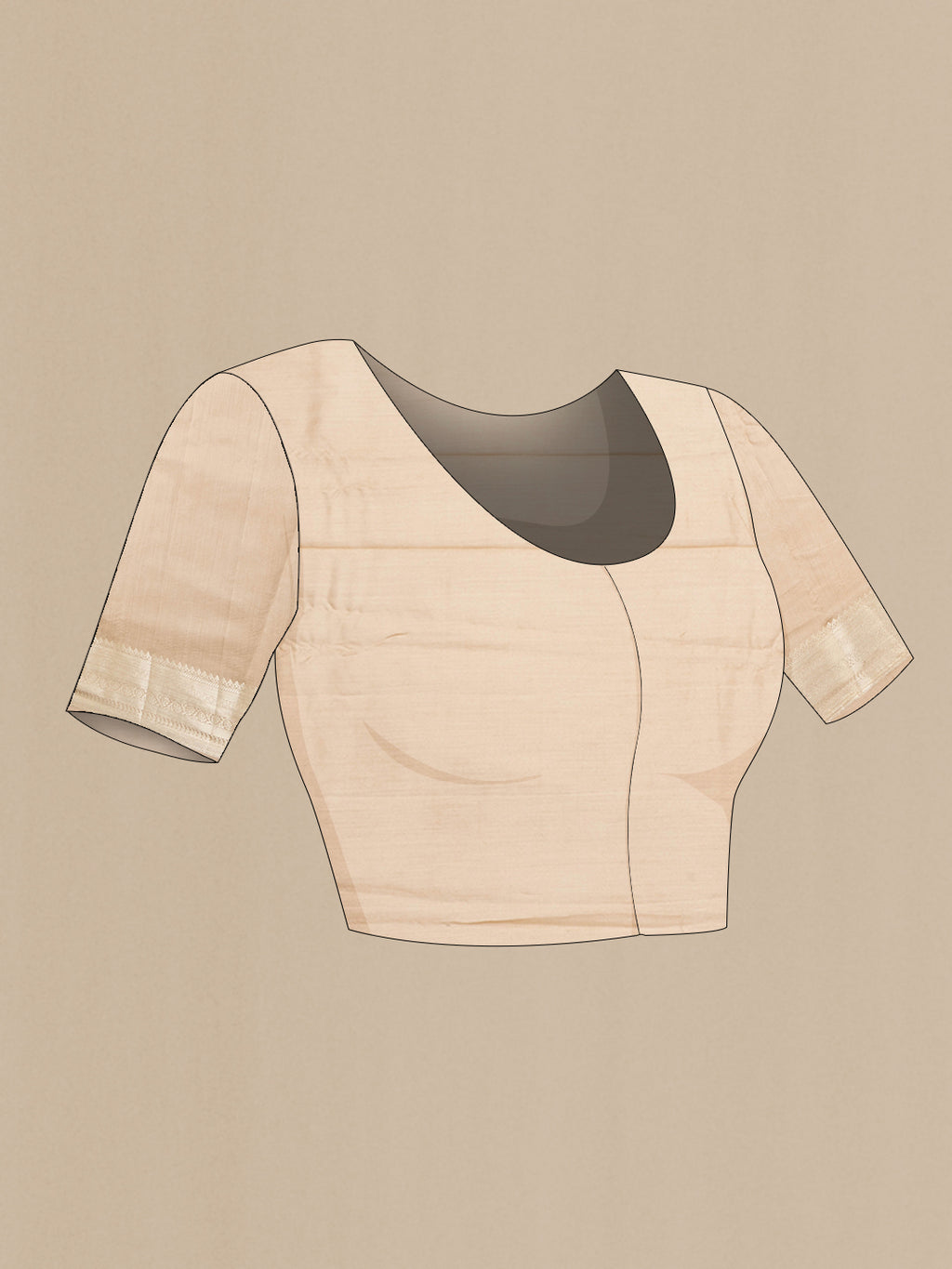 Close up image of the blouse of Beige Tussar Silk Saree with Zari Butta on the body and Zari Border. 