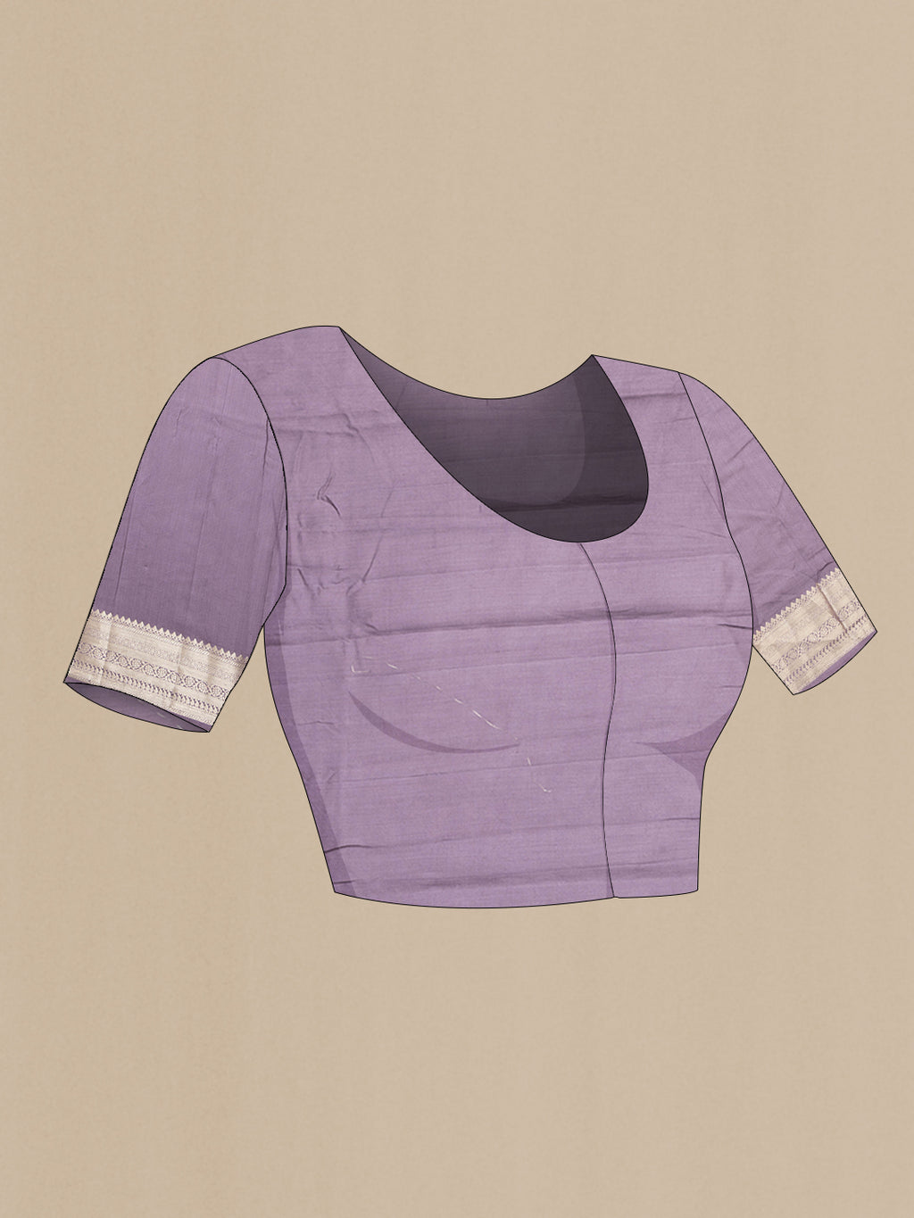 Close up image of the blouse of Lilac Tussar Silk Saree with Zari Butta on the body and Zari Border. 