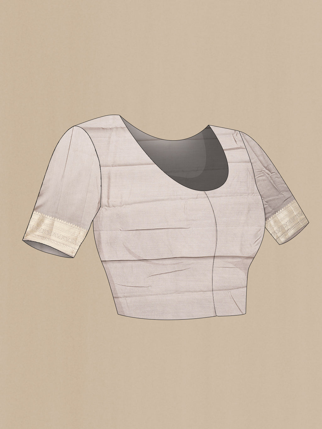 Close up image of the blouse of Grey Dual Tone Tussar Silk Saree with Zari Butta on the body and Zari Border. 