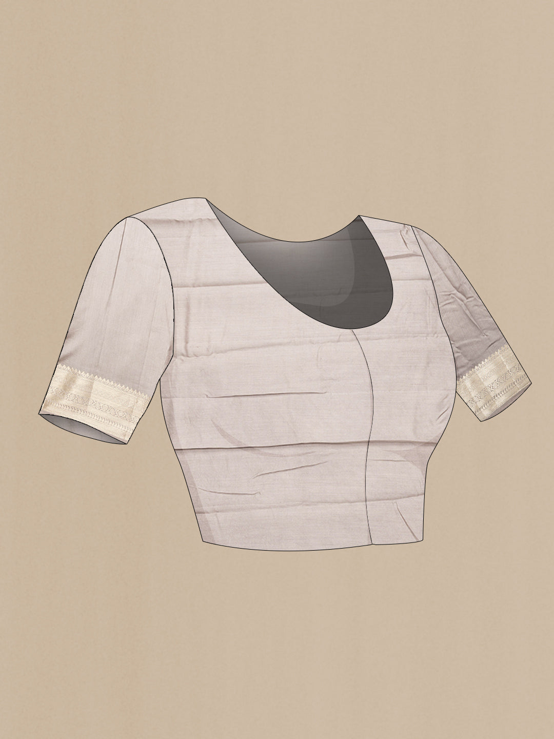 Close up image of the blouse of Grey Dual Tone Tussar Silk Saree with Zari Butta on the body and Zari Border. 
