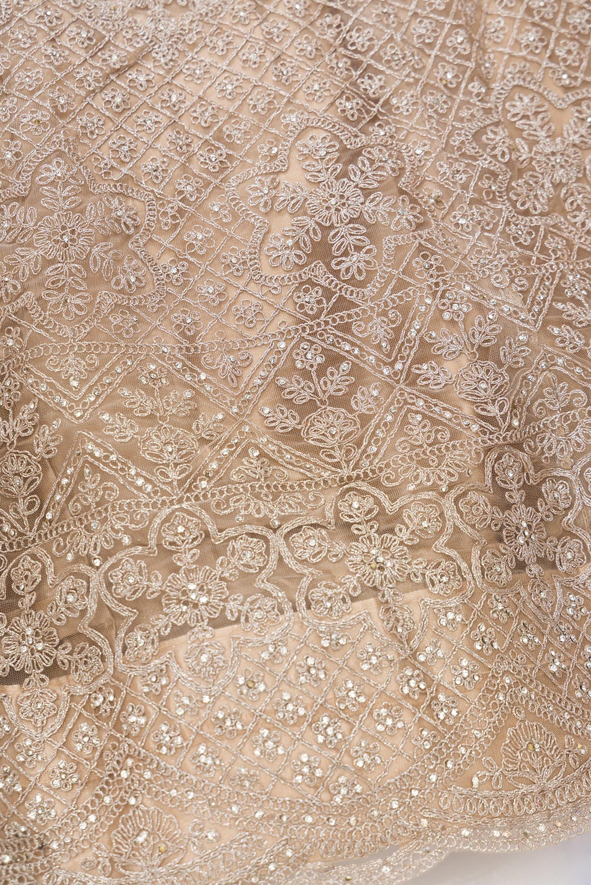 Detailed shot of Caramel Raw Silk Womens Lehenga set featuring Embroidered Choli paired with Caramel Embroidered Skirt with Embroidered Border and a Embroidered dupatta in Caramel
