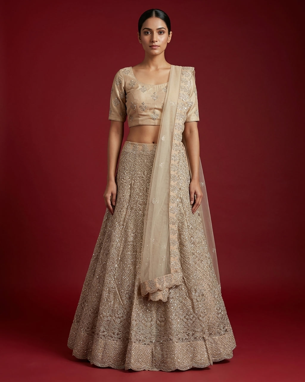 Caramel Raw Silk Womens Lehenga set featuring Embroidered Choli paired with Caramel Embroidered Skirt with Embroidered Border and a Embroidered dupatta in Caramel