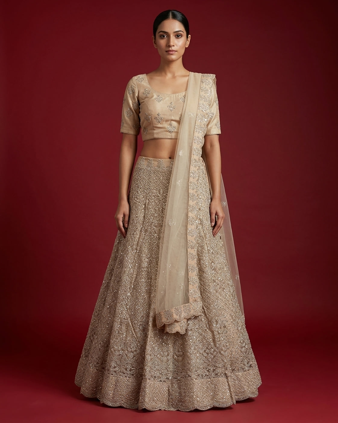 Caramel Raw Silk Womens Lehenga set featuring Embroidered Choli paired with Caramel Embroidered Skirt with Embroidered Border and a Embroidered dupatta in Caramel