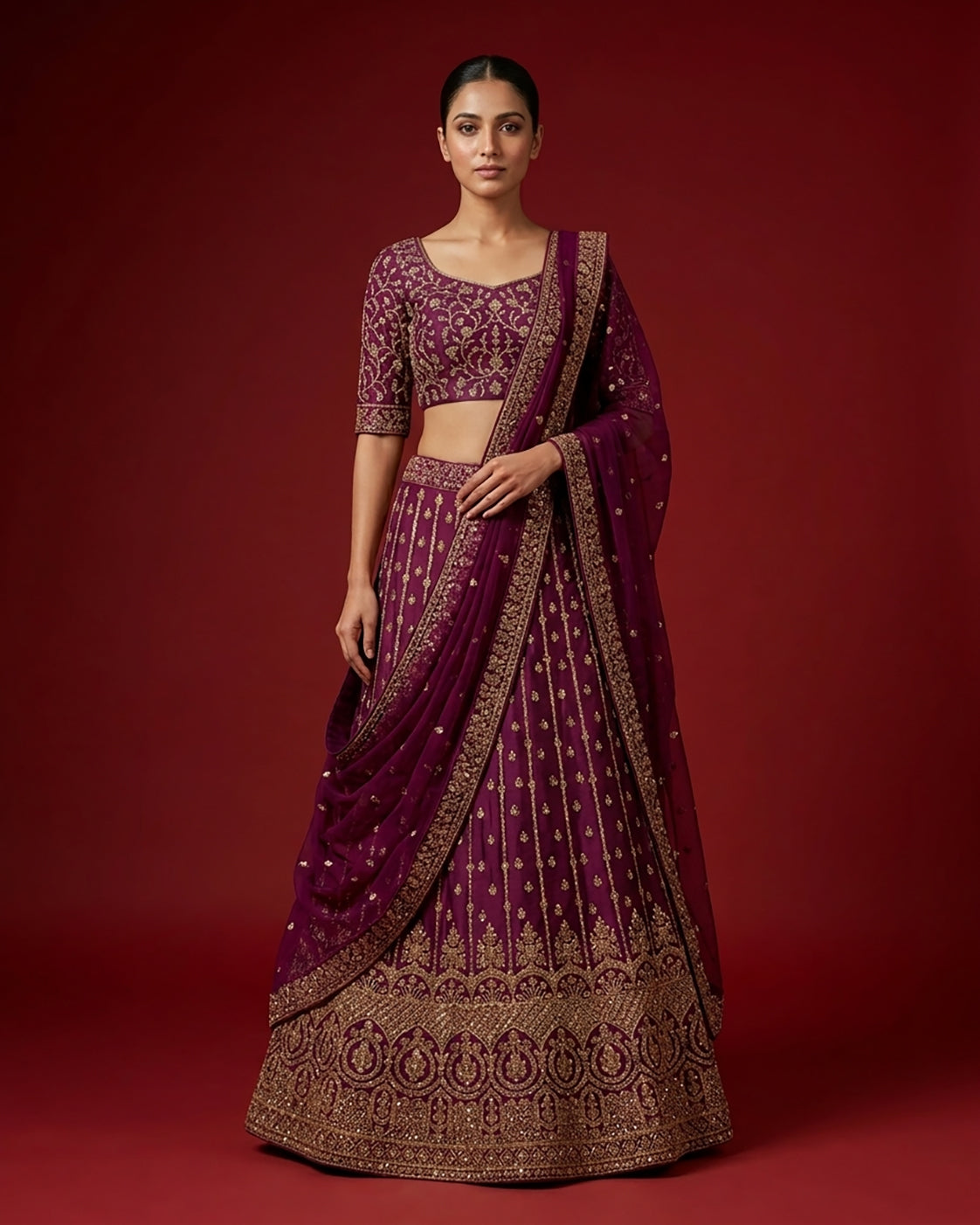 Burgundy Banarasi Silk Womens Lehenga set featuring Embroidered Choli paired with Burgundy Embroidered Skirt with Embroidered Border and a Embroidered dupatta in Burgundy