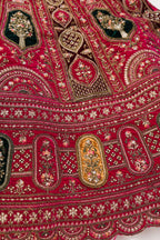 Detailed shot of Dark Pink Raw Silk Womens Lehenga set featuring Embroidered Choli paired with Dark Pink Embroidered Skirt with Embroidered Border and a Embroidered dupatta in Dark Pink